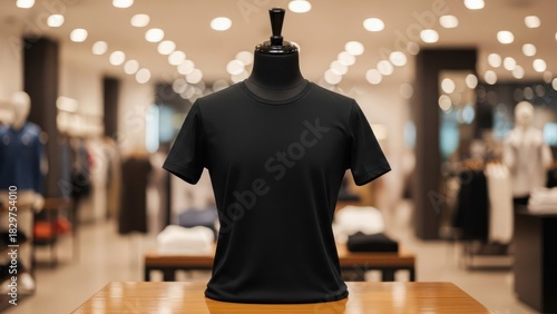 Plain black t-shirt mockup on a mannequin in a modern clothing store.