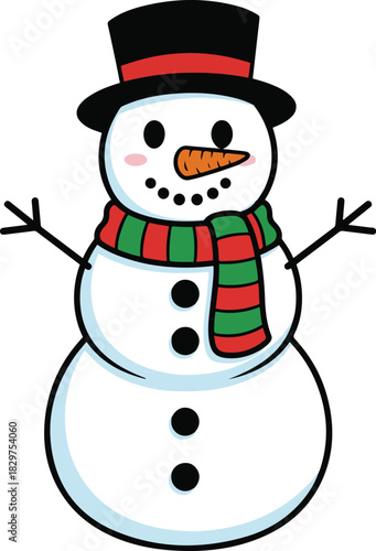 A friendly cartoon snowman wearing a black top hat, a red and green striped scarf, and featuring rosy cheeks, standing with open arms.