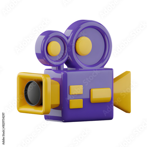 Retro movie camera in purple and yellow a 3D render for film production and entertainment projects