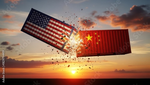 USA and China trade war concept with colliding shipping containers at sunset.