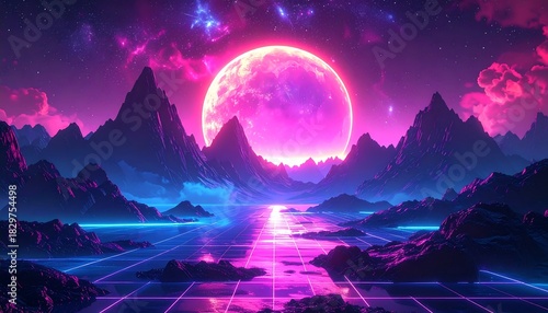 Pink Neon Mountains and Moon.
