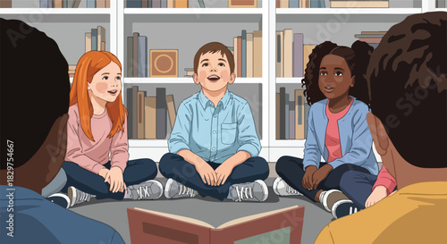 Children learning together in a library classroom setting