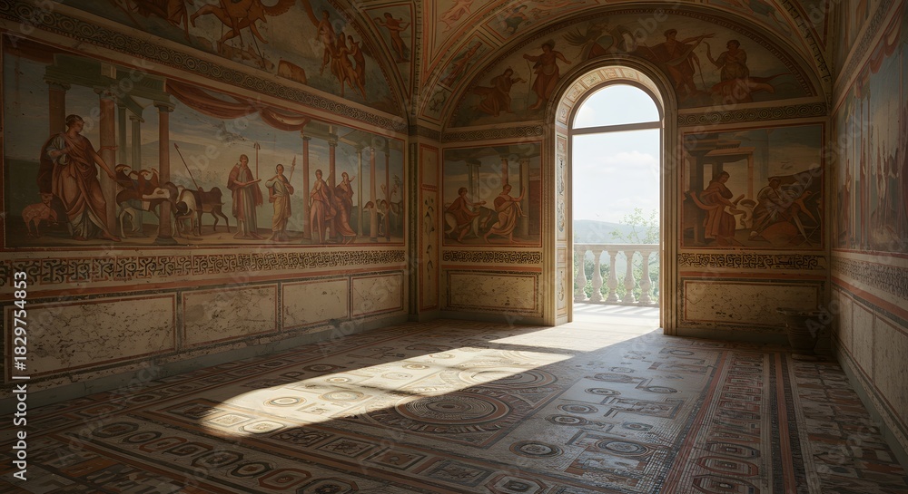 Obraz premium Interior room with frescoes, light, and open doorway to a balcony overlooking a landscape