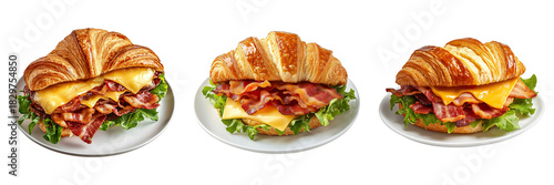 Three delectable croissant sandwiches with cheese, bacon and lettuce, beautifully arranged on a white plate