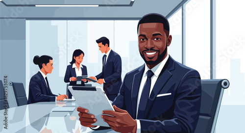 Professional smiling businessman with tablet in corporate meeting room with colleagues
