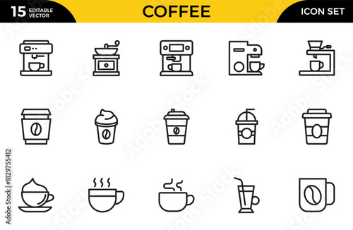 Coffee outline icon set. Icoffee maker machine, beans, Espresso cup. Thin outline icons pack. Vector illustration