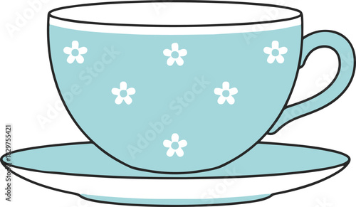 A charming light blue teacup with a floral pattern sits on a matching saucer, rendered in a clean, flat vector style.