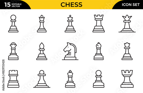 Chess line icons set. Outline set of chess vector icons for web design isolated on white background. Thin outline icons pack. Vector illustration