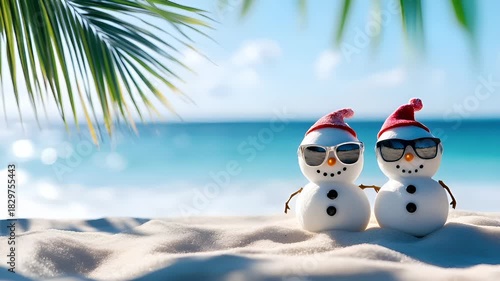 Winter holiday celebration concept. Christmas New Year. snowman with sunglasses and Santa hat on beach.