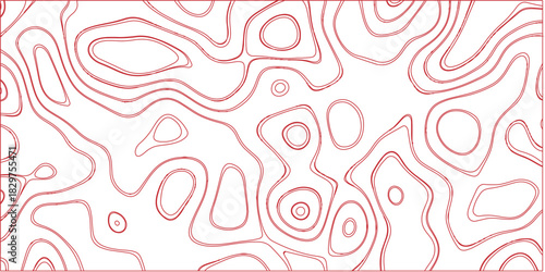 Red contour lines forming an abstract topographic map pattern on a white background, with organic wavy shapes and circular elements
