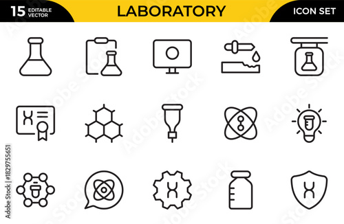 Laboratory line icon set. Containing experiment, test tube, microscope, flask, chemical, biology, research, lab and more. Thin outline icons pack. Vector illustration