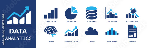 Data analytics icon set. Containing bar chart, pie chart, database, analytics, data search, brain, growth chart, cloud, histogram, report for dashboards, BI, fintech, KPIs and more. Solid vector icons