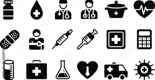 A comprehensive collection of essential medical and healthcare icons displayed on a clean white background