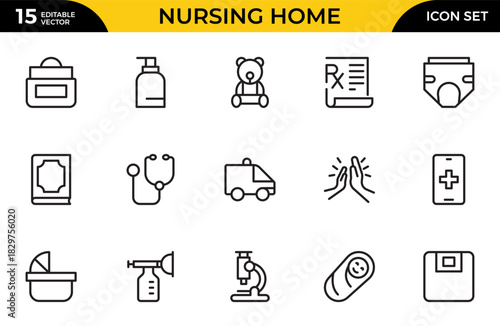 Nursing home outline icon set with elderly care, disabled, nurse, emergency, medical, hospital, responsibility and caring. Thin outline icons pack. Vector illustration