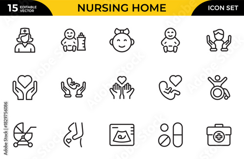 Nursing home outline icon set with elderly care, disabled, nurse, emergency, medical, hospital, responsibility and caring. Thin outline icons pack. Vector illustration