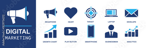 Digital marketing icons with megaphone, heart, target, laptop, envelope, growth chart, play button, smartphone, businessman and analytics. Clean visuals for social posts, ads, websites and decks SEO