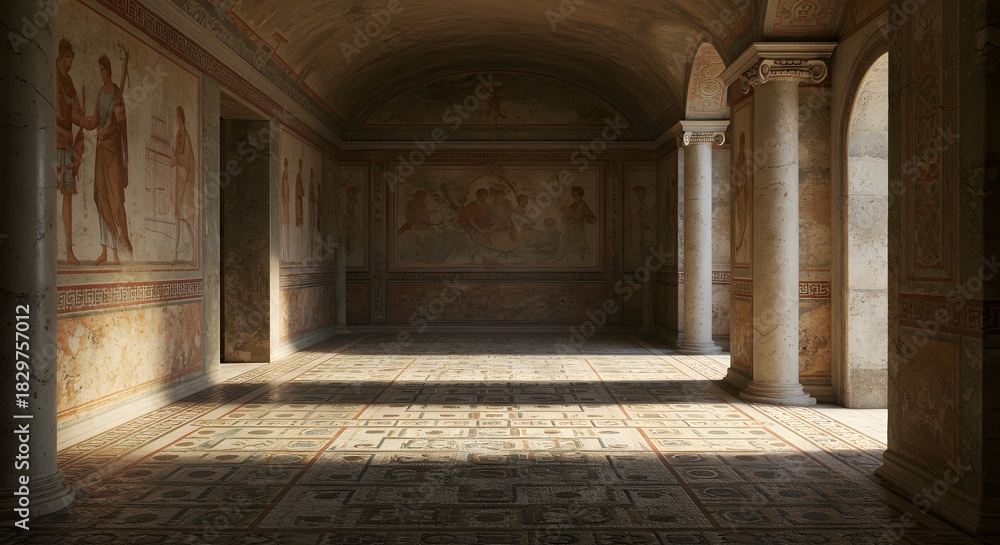 Fototapeta premium Interior view of ancient hall, with pillars, frescoed walls, and dappled light