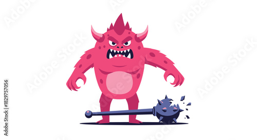 An angry pink monster with horns and spikes stands defiantly over its broken mace, illustrating frustration and destructive power.