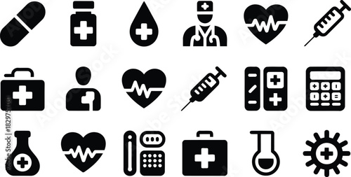 A contemporary series of medical and healthcare icons representing essential health elements