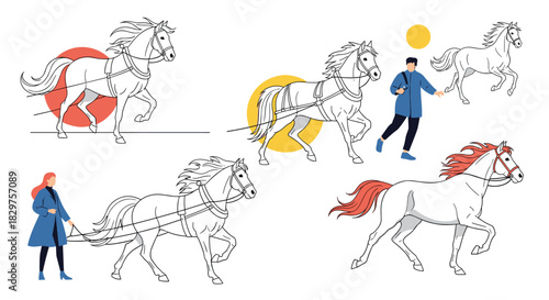 A set of flat vector illustrations showcasing various horses, including some with harnesses and bridles, and people interacting with them.