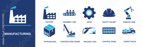 Manufacturing icon set. Containing factory, assembly line, gear, safety helmet, robotic arm, package box, crane, welding tool, control panel, cargo truck, automation, production flow and more. Solid v