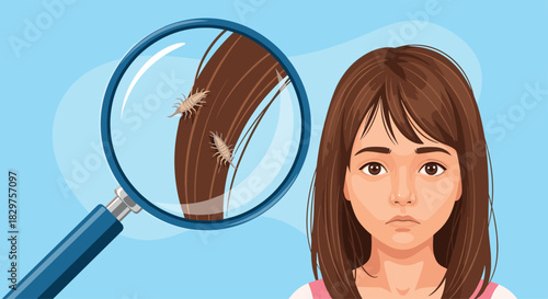 A concerned young girl with long brown hair has head lice visible under a magnifying glass, illustrating a common parasitic infestation.