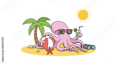 A cheerful cartoon octopus enjoys a sunny beach vacation on a tropical island, complete with sunglasses, a refreshing drink, and a beach ball.