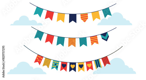 Three strands of vibrant party bunting with diverse flags and playful cloud accents, perfect for festive decorations and celebrations.
