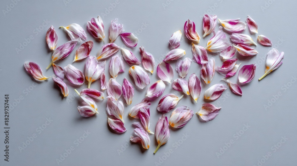Obraz premium Heart Shaped Arrangement of Delicate Pink and White Flower Petals on Soft Gray Background, Ideal for Romantic and Floral Themes in Creative Projects