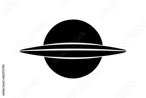 Mysterious black planet with rings, exploring cosmos, science fiction adventure, space icon