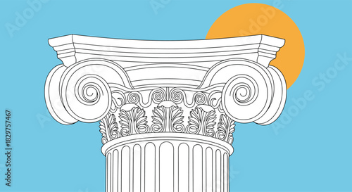 Elegant illustration of an ancient architectural column capital with decorative volutes and foliage against a vibrant blue background with an orange sun.