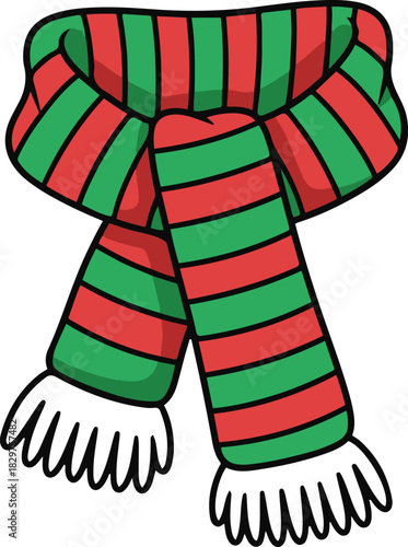 A festive cartoon vector illustration of a red and green striped winter scarf with white fringed ends, tied in a loose knot.