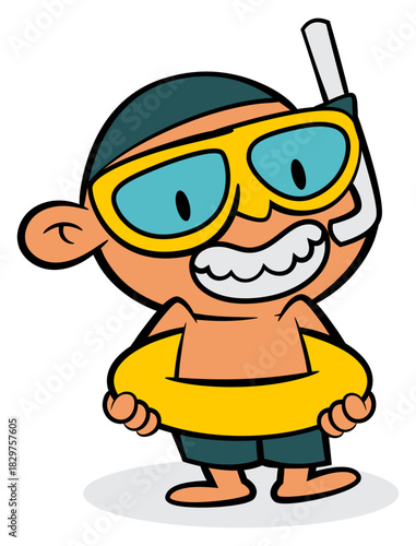 Boy in Snorkeling Gear and Swim Ring Doodle Vector. Best for Summer Stickers, Beach Logos, and Holiday Mascots