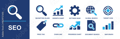 SEO icon set. Containing magnifier, growth chart, settings gears, global search, target icon, price tag, chain link, progress chart, document search, bar graph, analytics and more. Solid vector icons