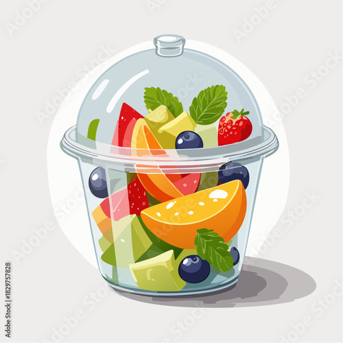 Fresh Fruit Salad In A Clear Plastic Cup With Mint Leaves And A Strawberry On Top Illuminated By Natural Light