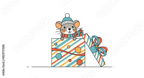 Cheerful cartoon mouse wearing a cozy hat and scarf emerges from a vibrant striped present box with a decorative bow.
