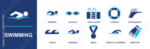 Swimming icon set. Containing swimmer, goggles, pool ladder, lifebuoy, diving board, waves, stopwatch, medal, freestyle, swim fins, lanes, workouts, competition meets too and more. Solid vector icons
