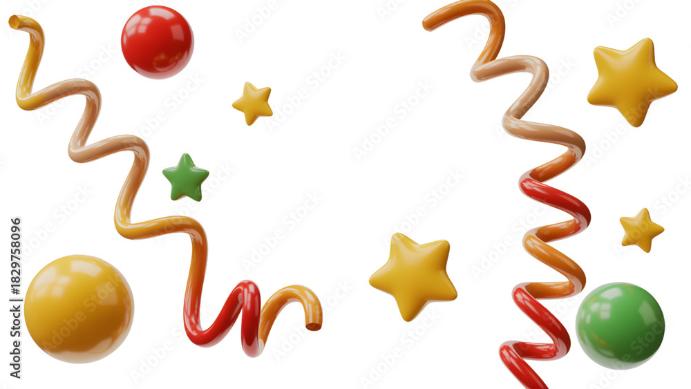 Obraz premium Festive 3D render of colorful spheres stars and ribbons perfect for party decorations and celebrations
