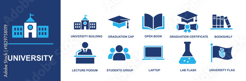 University icon set. Containing campus building, graduation cap, open book, diploma, degree, bookshelf, lecture podium, students group, laptop, lab flask, university flag and more. Solid vector icons