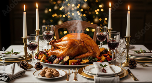 Festive Feast: A bountiful table, adorned with a roasted turkey, lit candles, and elegant wine glasses, invites to a heartwarming celebration.