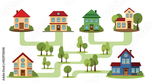 A whimsical cartoon illustration depicting a suburban neighborhood with various houses connected by winding green paths and surrounded by trees.