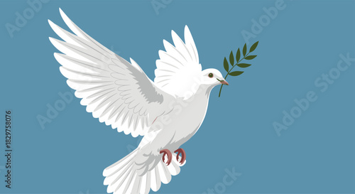 A graceful white dove in full flight, carrying a fresh olive branch in its beak, symbolizing peace and hope against a serene blue sky.
