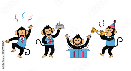 Four happy cartoon monkeys are celebrating a festive birthday party with dancing, gifts, cake, and music, all dressed in vests and ties.