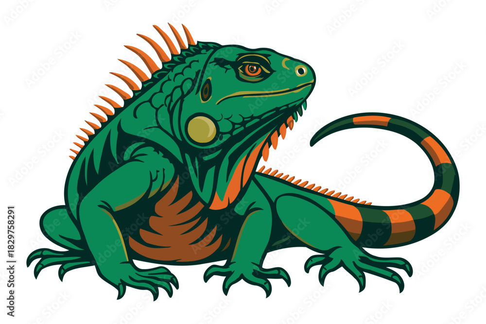 Fototapeta premium Vibrant green iguana with orange striped tail and spiky crest posing confidently on a white background isolated illustration