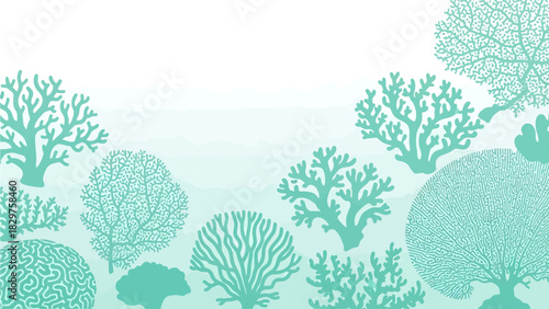 An intricate illustration of various teal coral and sea fan silhouettes against a light gradient background, evoking an underwater marine environment.