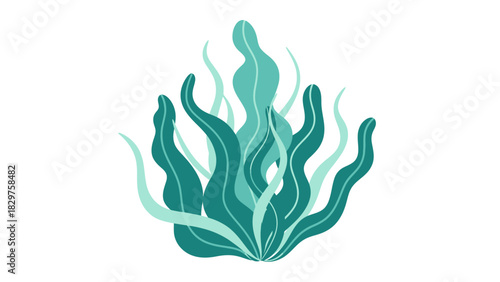 Stylized illustration of vibrant green and teal underwater seaweed or aquatic plants with flowing, organic shapes.