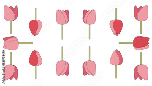 A symmetrical pattern of pink and red tulips arranged in various orientations, creating a decorative floral design.