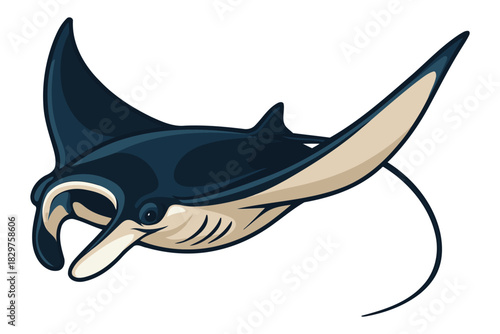 Majestic giant manta ray gliding gracefully through clear blue ocean waters with its wings extended in a beautiful underwater scene