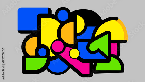 An abstract composition of interlocking geometric shapes in vibrant primary and secondary colors with thick black outlines on a light gray background.