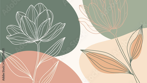 Elegant line art floral illustration with abstract organic shapes in muted earthy tones.